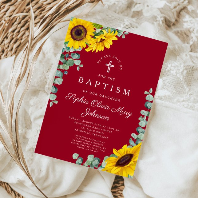 Elegant Burgundy Sunflower Cross Baptism Invitation (Creator Uploaded)