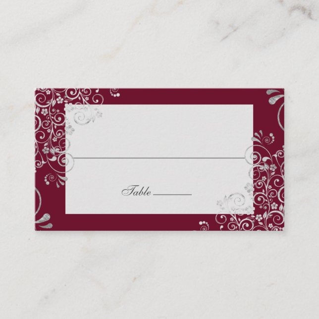 Elegant Burgundy Swirl Wedding Long Name  Place Card (Front)