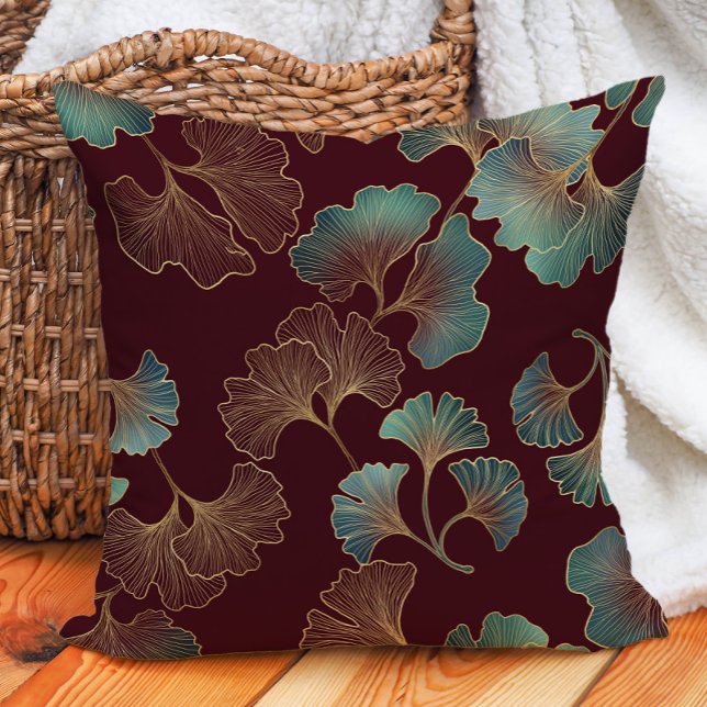 Elegant Burgundy Teal Gold Ginko Leaves  Cushion (Elegant burgundy/wine, teal, and gold ginko decorator pillow)