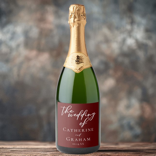 Elegant Burgundy Typography Evening Wedding Sparkling Wine Label (Creator Uploaded)