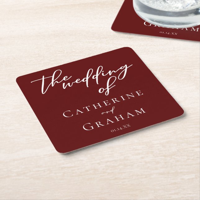 Elegant Burgundy Typography Evening Wedding Square Paper Coaster (Angled)