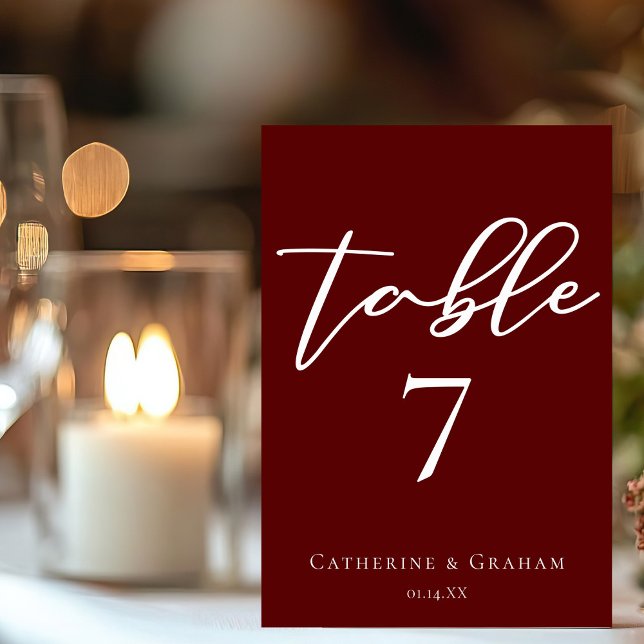 Elegant Burgundy Typography Evening Wedding Table Number (Creator Uploaded)