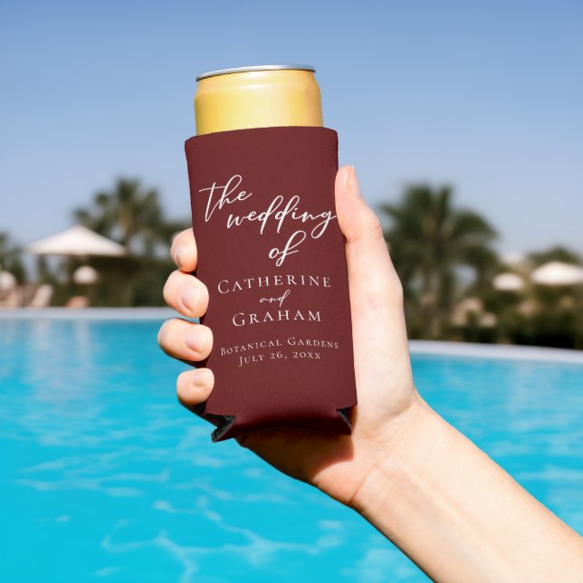 Elegant Burgundy Typography Personalised Wedding Seltzer Can Cooler (In Situ Pool)
