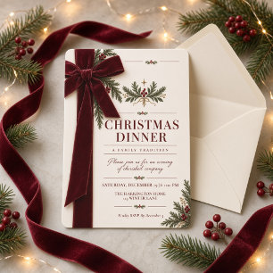 Elegant Burgundy Velvet Bow Christmas Dinner Invitation
