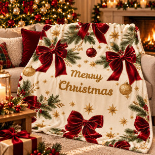 Elegant Burgundy Velvet Bows Christmas Throw Blank Fleece Blanket