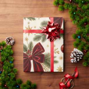 Elegant Burgundy Velvet Bows Gold Stars Christmas Wrapping Paper