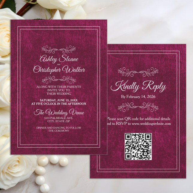 Elegant Burgundy Velvet White QR code Wedding Invitation (Burgundy velvet wedding invitation with your QR code)