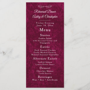 Elegant Burgundy Velvet White Rehearsal Dinner Menu