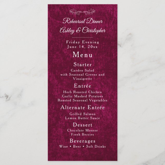 Elegant Burgundy Velvet White Rehearsal Dinner Menu (Front)