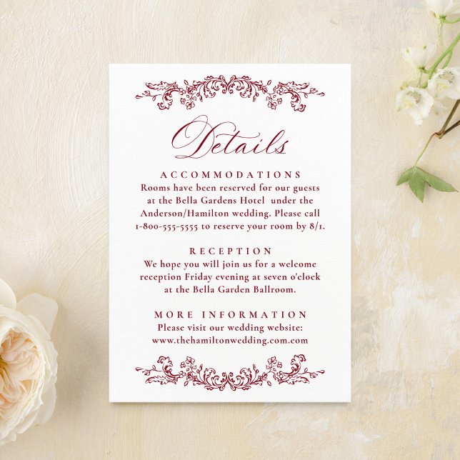 Elegant Burgundy Victorian Floral Wedding Details Enclosure Card (Creator Uploaded)