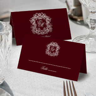 Elegant Burgundy Vintage Crest Monogram Wedding Place Card