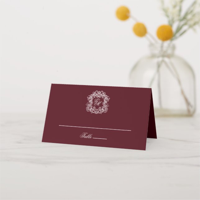 Elegant Burgundy Vintage Crest Monogram Wedding Place Card (Front)