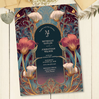Elegant Burgundy Vintage Floral Art Nouveau Garden Invitation