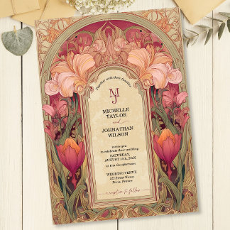 Elegant Burgundy Vintage Floral Art Nouveau Garden Invitation