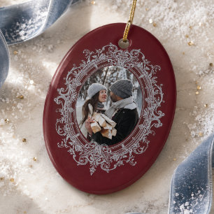 Elegant Burgundy Vintage Frame Photo Ceramic Ornament