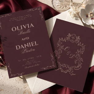 Elegant Burgundy Vintage Ornate Monogram Wedding Invitation