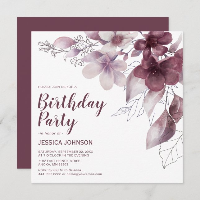 Elegant Burgundy Watercolor Floral Birthday Invitation (Front/Back)