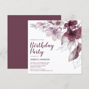 Elegant Burgundy Watercolor Floral Birthday Invitation