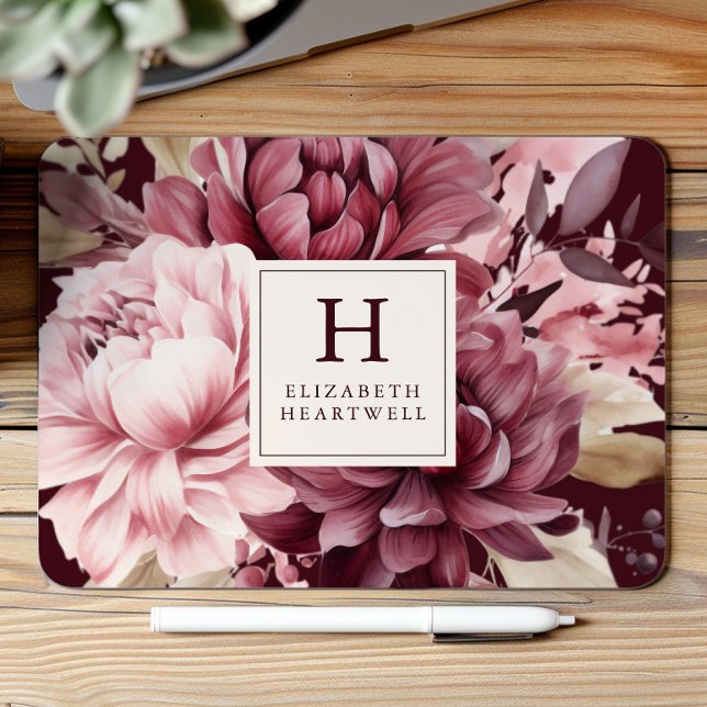 Elegant Burgundy Watercolor Floral Monogram Mouse Pad (Creator Uploaded)