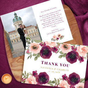 Elegant Burgundy Watercolor Floral Photo Wedding Thank You Card