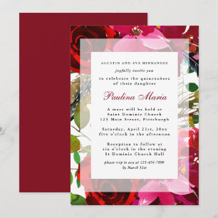 Elegant Burgundy Watercolor Floral Quinceañera Invitation