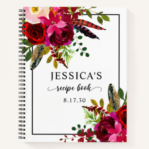 Elegant Burgundy Watercolor Floral Shower Recipe Notebook