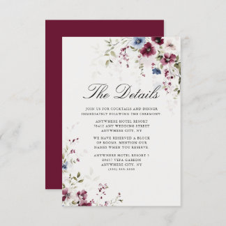 Elegant Burgundy Watercolor Floral Wedding Details Enclosure Card