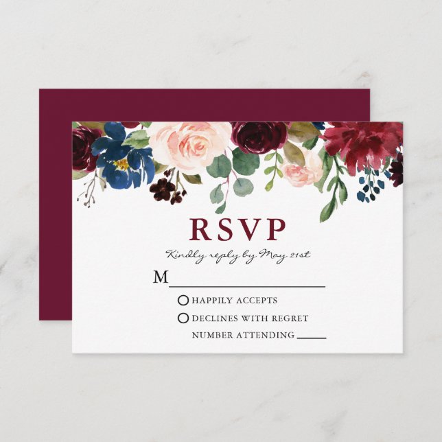 Elegant Burgundy Watercolor Floral Wedding RSVP Card (Front/Back)