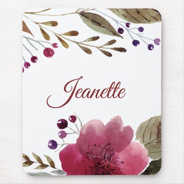 Elegant Burgundy Watercolor Flowers Monogrammed Mouse Pad (Front)