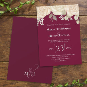 Elegant Burgundy Watercolor Ivory Floral Foliage Invitation