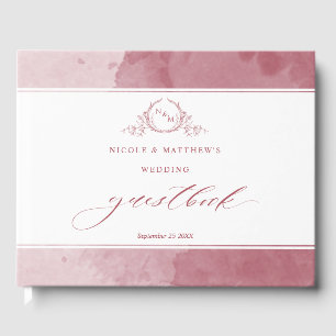 Elegant Burgundy Watercolor Monogram Wedding Guest Book