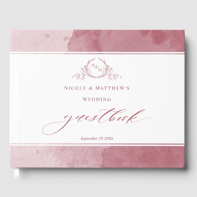 Elegant Burgundy Watercolor Monogram Wedding Guest Book (Front)