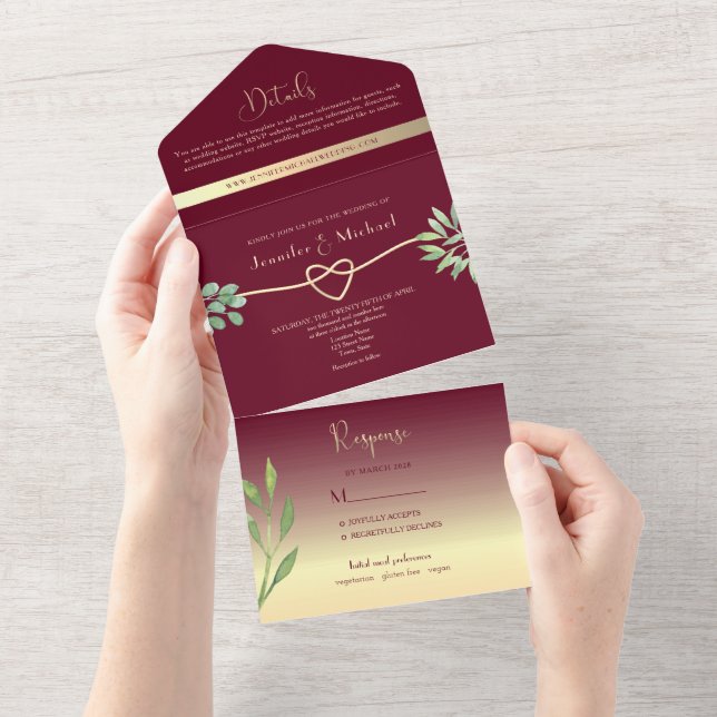 Elegant Burgundy Wedding All In One Invitation (Tearaway)