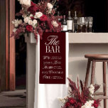 Elegant Burgundy Wedding Bar Menu Reception Decor Banner<br><div class="desc">This elegant wedding drinks sign features a refined ivory script paired with classic serif lettering on a maroon background. Organised by wine, beer, cocktails, and non-alcoholic options, this sign adds both charm and clarity to your bar setup. Perfect for garden weddings, formal outdoor receptions, or timeless celebrations. Fully customisable —...</div>