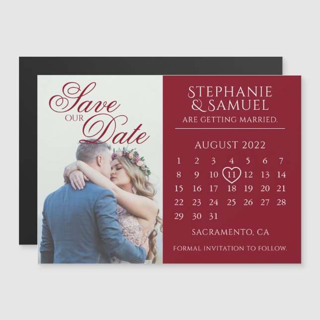 Elegant Burgundy Wedding Calendar Save the Date Magnetic Invitation (Front/Back)