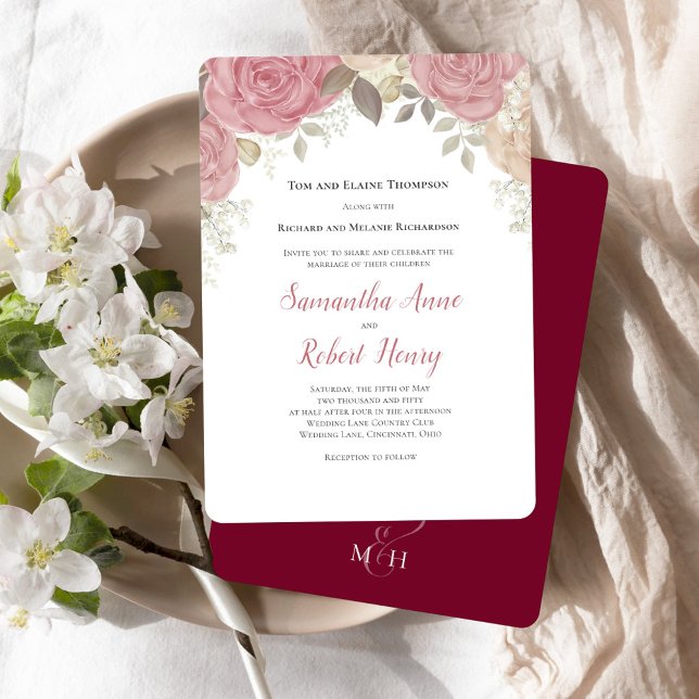 Elegant Burgundy Wedding Floral Custom Invitation (Burgundy Floral Wedding Invitations.)