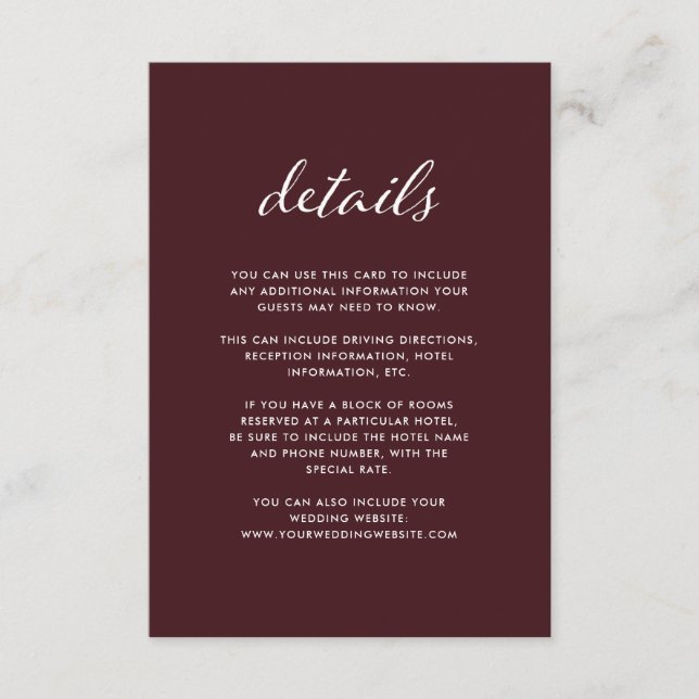 Elegant Burgundy | Wedding Guest Details Enclosure Card (Front)