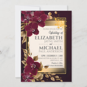 Elegant Burgundy Wedding Orchid Blooms Gold Leaves Invitation