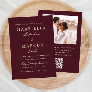Elegant Burgundy Wedding QR Rsvp Photo Invitation