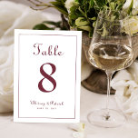 Elegant  Burgundy Wedding Reception Table Formal Number<br><div class="desc">Wedding Table Number event party sign design features a classic elegance with contemporary burgundy on a crisp white background. Personalise wedding table design with your name, wedding date and table number in trendy lettering and script. The back of the card is a duplicate of the front. Follow our easy to...</div>