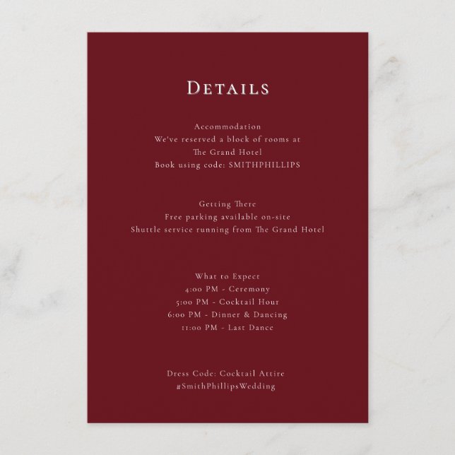 Elegant Burgundy Wedding Schedule Enclosure Card (Front)