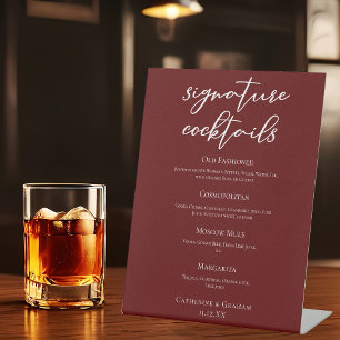 Elegant Burgundy Wedding Signature Cocktails Menu Pedestal Sign