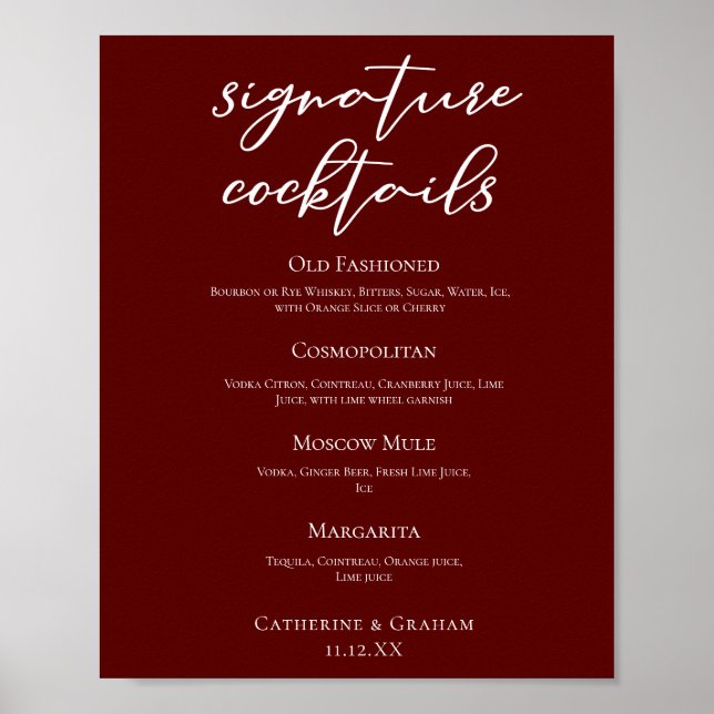 Elegant Burgundy Wedding Signature Cocktails Menu Poster (Front)