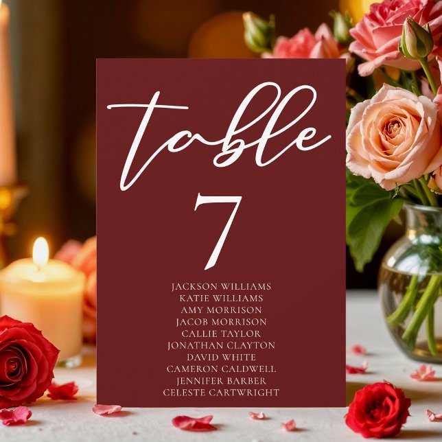 Elegant Burgundy Wedding Table Number Card w Names (Creator Uploaded)
