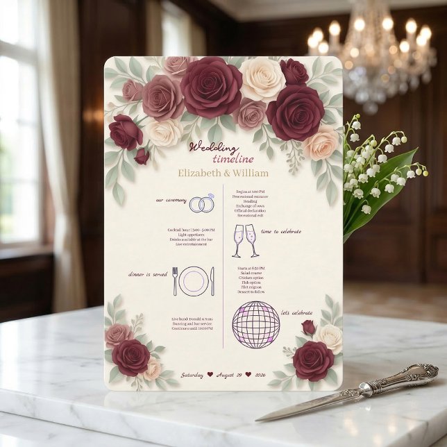 Elegant Burgundy Wedding Timeline Program (Creator Uploaded)