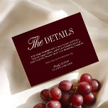 Elegant Burgundy Wedding Website Enclosure Card<br><div class="desc">Provide guests with all the essential information in style with this elegant wedding details card. Featuring a deep burgundy background paired with refined serif and script typography, this insert is perfect for formal, vineyard, or evening weddings. Use it to share travel directions, hotel accommodations, RSVP instructions, or your wedding website...</div>