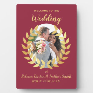Elegant Burgundy Wedding Welcome Custom Photo Sign Plaque