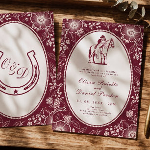 Elegant Burgundy Western Horse Floral Lace wedding Invitation