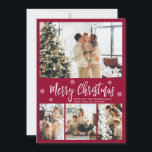 Elegant Burgundy White 4 Photo Collage Christmas Holiday Card<br><div class="desc">Elegant, Modern Burgundy and White 4 Photo Collage Merry Christmas Script Holiday Card. This festive, whimsical, minimalist, (4) four photo holiday card template features a pretty photo collage, some snowflake and says Merry Christmas! The „Merry Christmas” greeting text is written in a beautiful white colour hand lettered typography font type...</div>