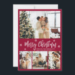 Elegant Burgundy White 4 Photo Collage Christmas Holiday Card<br><div class="desc">Elegant, Modern Burgundy and White 4 Photo Collage Merry Christmas Script Holiday Card. This festive, whimsical, minimalist, (4) four photo holiday card template features a pretty photo collage, some snowflake and says Merry Christmas! The „Merry Christmas” greeting text is written in a beautiful white colour hand lettered typography font type...</div>